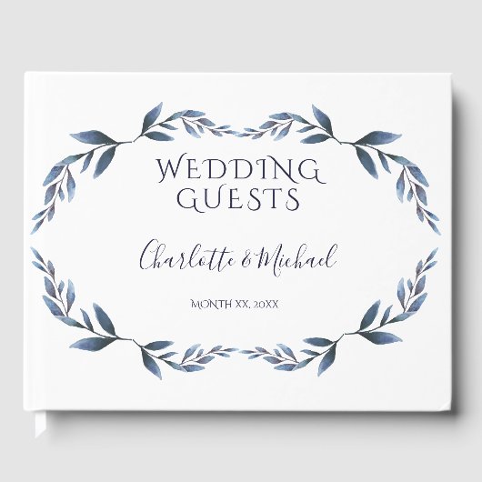 Marine en wit Floral Leaf bruiloft Gastenboek (Voorkant)