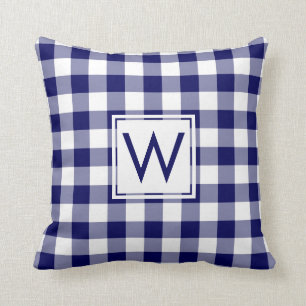 Marine en Wit Gingham Patroon, Aangepast Monogram Kussen