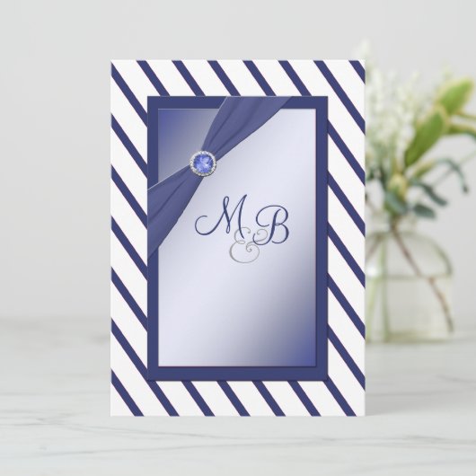 Marine en Witte Streep Monogrammed Uitnodiging (Staand voorkant)