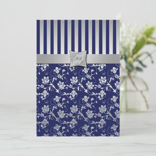 Marine en Zilver Bloemenwijnstok Monogrammed Uitno Kaart (Staand voorkant)