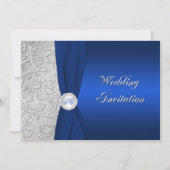 Marine en Zilveren Damast Monogram Bruiloft Uitnod Kaart (Voorkant)