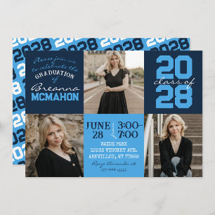 Marine et Bleu clair 3 Photo Graduation Invitation