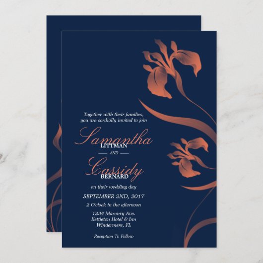 Marine et Coral Iris Floral Faire-part de mariage (Devant / Derrière)