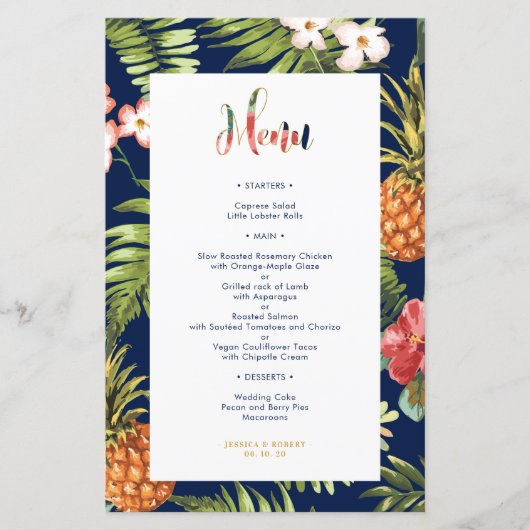 Marine et Or | Carte de menu Mariage d'été Tropica (Devant)