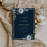 Marine et or faire-part de mariage florale<br><div class="desc">jolies fleurs bleues avec cadre or et texte élégant. Les couleurs et le texte peuvent être personnalisés.</div>