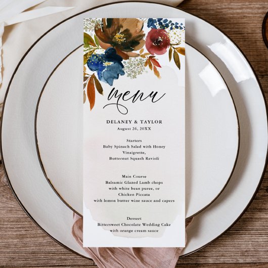 Marine et rouille Aquarelle Boho Floral Menu