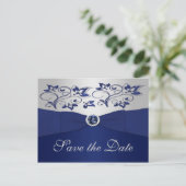 Marine et Silver Floral Enregistrer la date Carte (Debout devant)