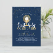 Marine & Gold Boy First Holy Communion Invitation (Debout devant)
