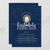 Marine & Gold Boy First Holy Communion Invitation (Devant / Derrière)