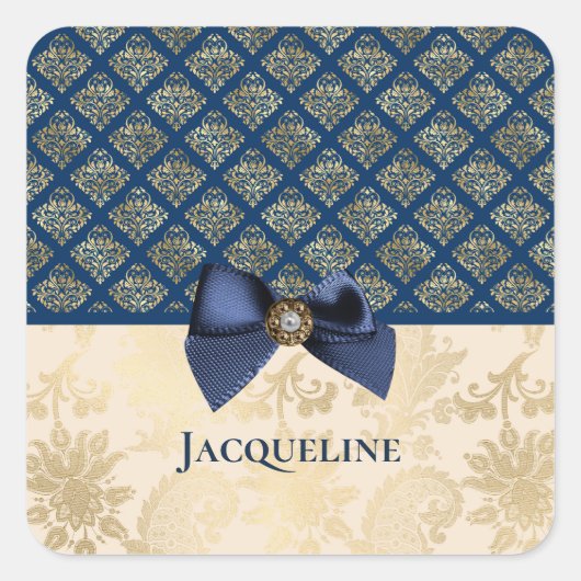  marine Gold Elegant Damask Kijk met naam Vierkante Sticker (Voorkant)