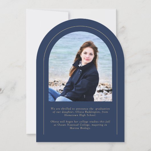 Marine Gold Modern Arch 2 Photo Grad Faire-part (Dos)