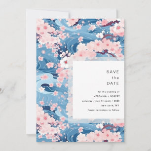 Marine golven Kersenbloesem Moderne Trouwdag Save The Date