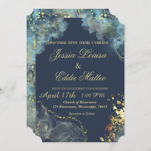 Marine & Goud Bruiloft Clam Shell Uitnodiging (Voorkant / Achterkant)