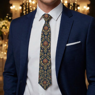 Marine goud damast bloem paisley stropdas