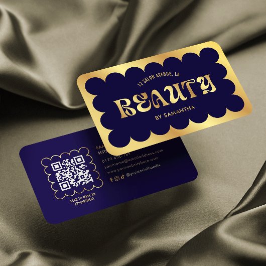 Marine & Goud Elegant QR Code wimpers Schoonheidss Visitekaartje