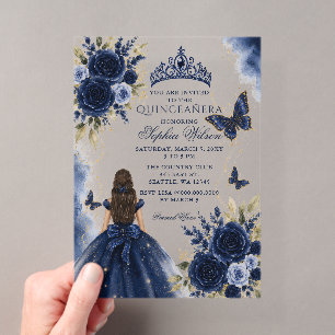 Marine Gouden Bloem Vlinder Prinses Quinceañera Acryl Uitnodigingen