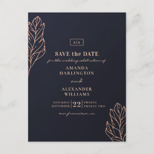 Marine gouden botanische bruiloft. Blauwe Save the Briefkaart