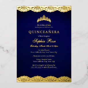 Marine Gouden Kant Kroon Quinceanera Folie Uitnodiging