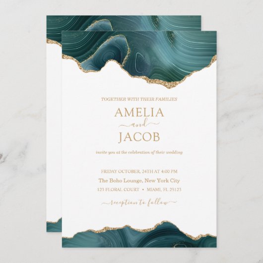 Marine Green & Gold Foil Agate Invitation moderne (Devant / Derrière)