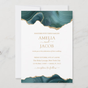 Marine Green & Gold Foil Agate Invitation moderne