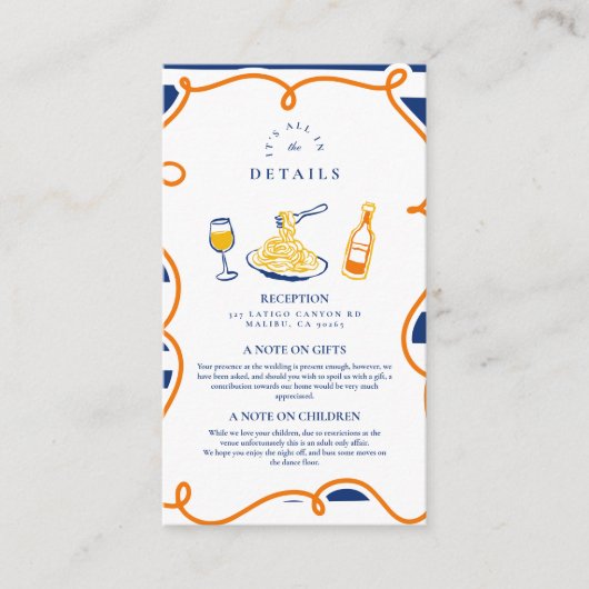 Marine Italiaans eten bruiloft Doodles Informatiekaartje (Voorkant)