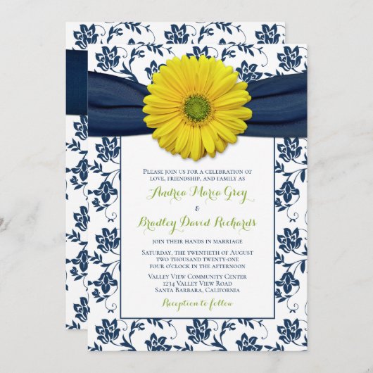 Marine Jaune Damask Faire-part de mariage (Devant / Derrière)