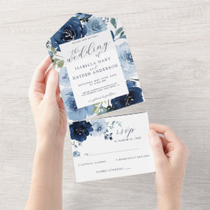 Marine & Licht Stoffig Blauw Bloemen Bruiloft RSVP All In One Uitnodiging