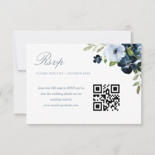 marine & lichtblauw bloemenbruiloft QR code rsvp k Kaartje
