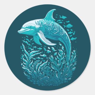 Marine Life Art   Dolfijn Grafisch Ontwerp Ronde Sticker