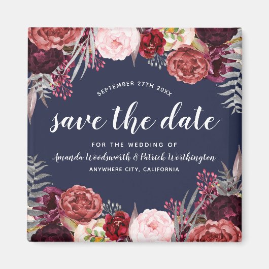 Marine Marsala Peony Mariage Sauvez la date Magnet (Devant)