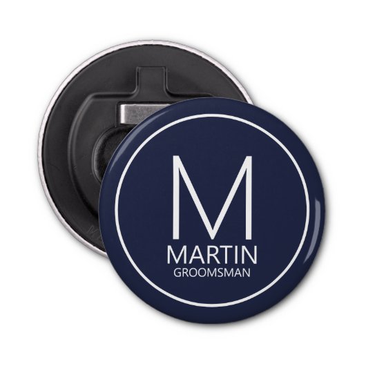 Marine Modern Gepersonaliseerd Monogram & Naam Gro Button Flesopener (Voorkant)