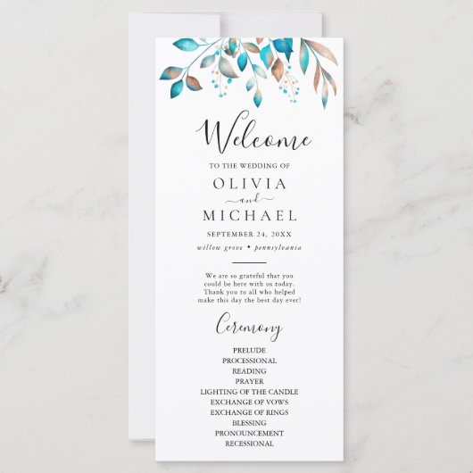 Marine Modern groen rustiek bruiloft programma (Voorkant)