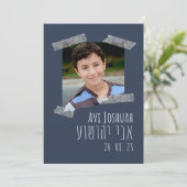 Marine, Or & Photo Hébreu Bar Mitzvah Invitation (Debout devant)
