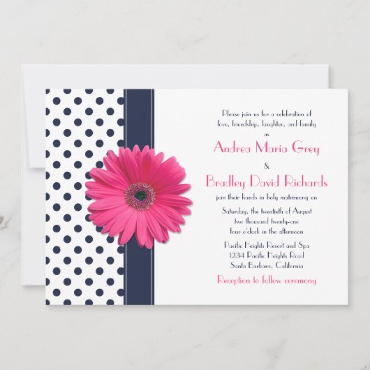 Marine Polka Dot Rose Daisy Faire-part de mariage (Devant)