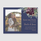 Marine Pruimroze Bloemige Trouwfoto Save the Date Magnetische Uitnodiging (Voorkant)