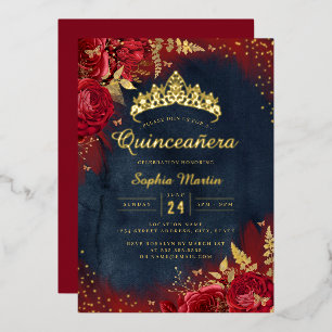 Marine Rood Gouden Vlinder Bloemige Quinceanera Folie Uitnodiging