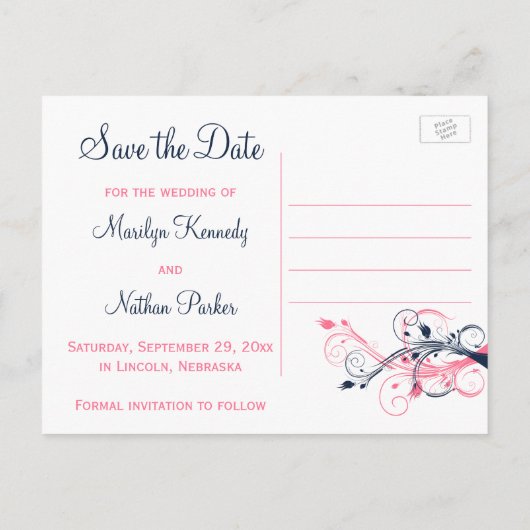 Marine rose blanc floral Enregistrer la date Carte (Dos)