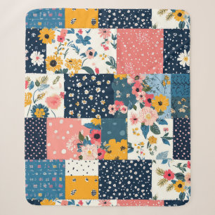 Marine Roze Cottagecore Bloemige Patchwork Sherpa Deken