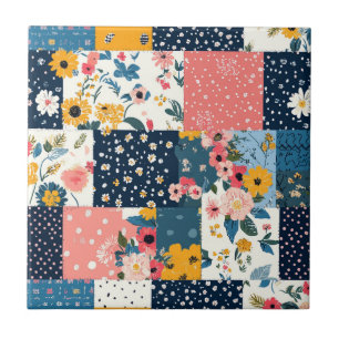 Marine Roze Cottagecore Bloemige Patchwork Tegeltje