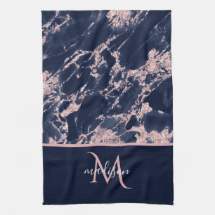 Marine & Roze Goud Marmer Monogram Elegante Luxe  Theedoek
