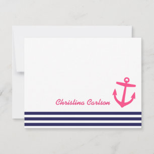 Marine & Roze Nautische Strepen & Anker Stationery Notitiekaartje