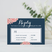 Marine roze pioen bruiloft reactie maaltijd keuze RSVP kaartje (Staand voorkant)