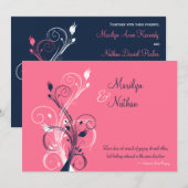 Marine, Roze, Wit Bloemen bruiloft uitnodiging (Voorkant / Achterkant)
