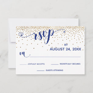 Marine RSVP Calligraphy with Hearts, Gold Confetti