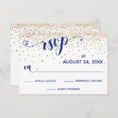 Marine RSVP Calligraphy with Hearts, Gold Confetti (Devant / Derrière)