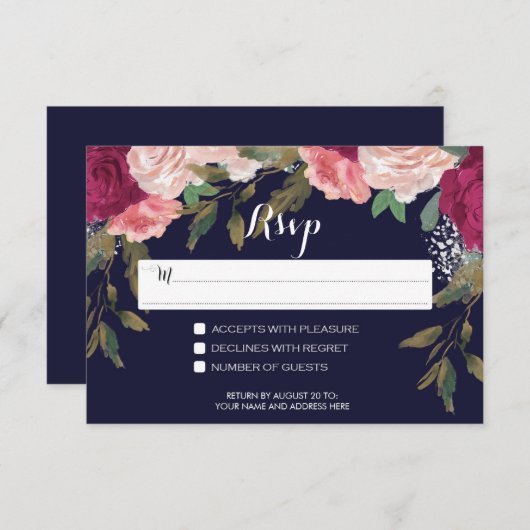 marine RSVP kaart trouw burgundy bloem (Voorkant / Achterkant)