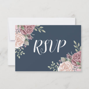 Marine Stof Roze Rustieke Waterverf Bloemen RSVP Kaartje