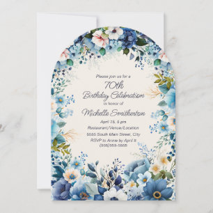 Marine Stofblauw Witte Bloemen 70e Boog Verjaardag Kaart
