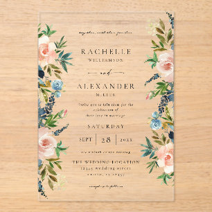 Marine, Stoffelijk Blauw & Roze Bloemen Bruiloft V Acryl Uitnodigingen