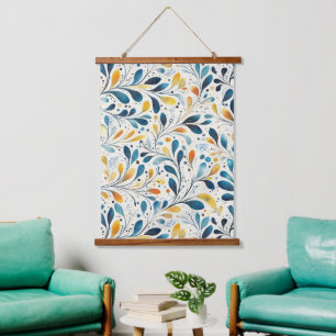 Marine Teal Amber Botanisch Blad Patroon Hangend Wandkleed
